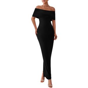 PRETTYGARDEN Women's Off The Shoulder Maxi Dresses 2025 Summer Formal Elegant Cocktail Party Wedding Guest Long Dress (Black) S