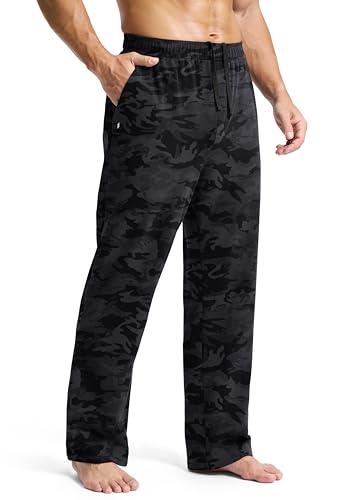 Soothfeel Men's Sweatpants with Zipper Pockets Cotton Open Bottom Yoga Lounge Pants Straight Leg Casual Athletic Sweat Pants Grey camo M