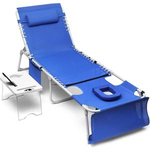3-in-1 Sun Tanning Chair with Face Holes, Breathable Chaise Lounge Chair Outdoor, 5-Position Recliner, Lay Flat, Folding Side Table, Removable Pillow, Max 330lbs, Beach, Patio, Camping, Blue