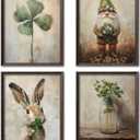 NaZaUK Vintage St Patrick's Day Green Shamrock Wall Art Prints, Lucky Rabbit Dwarf Artwork for Office Home Kitchen Bedroom Bathroom Living Room, Irish Blessing Gift, 8x10 Inches
