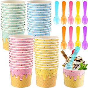 40 Pack 4 oz Ice Cream Cups with Spoons Paper Dessert Cups Colorful Sundae Bowls Disposable Ice Cream Containers for Hot Soup Spring Summer Graduation Bar Party Supplies