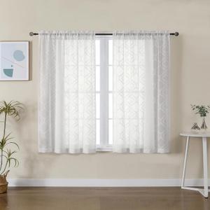 Lecloud Wasa Jacquard Sheer Curtains 45 Inches, Semi Sheer Window Treatments 2 Panels with Dual Rod Pockets, Natural Textured Curtains for Kitchen Bedroom Living Room, 42 W x 45 L
