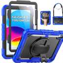 SEYMAC Case for iPad (A16) 11th/10th Generation 2025/2022 (11/10.9), Sturdy Heavy Duty Full-Body Shockproof Protective Case with Screen Protector, Rotating Stand, Hand/Shoulder Strap, Black/Blue