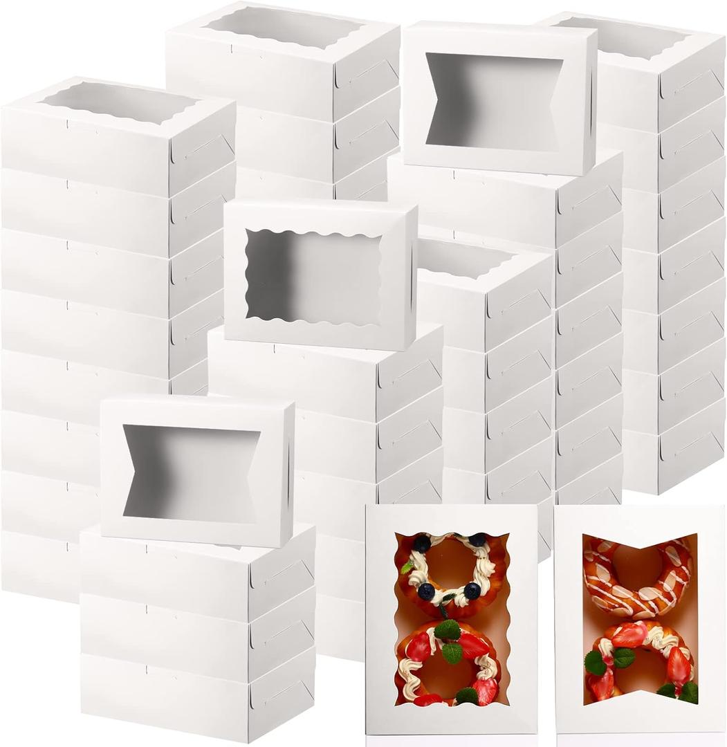 TaoBary 100 Pcs 8 Inch Bakery Boxes 8 x 6 x 2.5 Inch Cookie Pastry Boxes with 2 Style Window for Cookie Treat Chocolate Strawberries Cupcakes Candy Muffins(White)