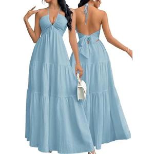 Narecte Women's Maxi Summer Dresses Halter V Neck Beach Dresses for Women A-Line Casual Dress for Vacation M