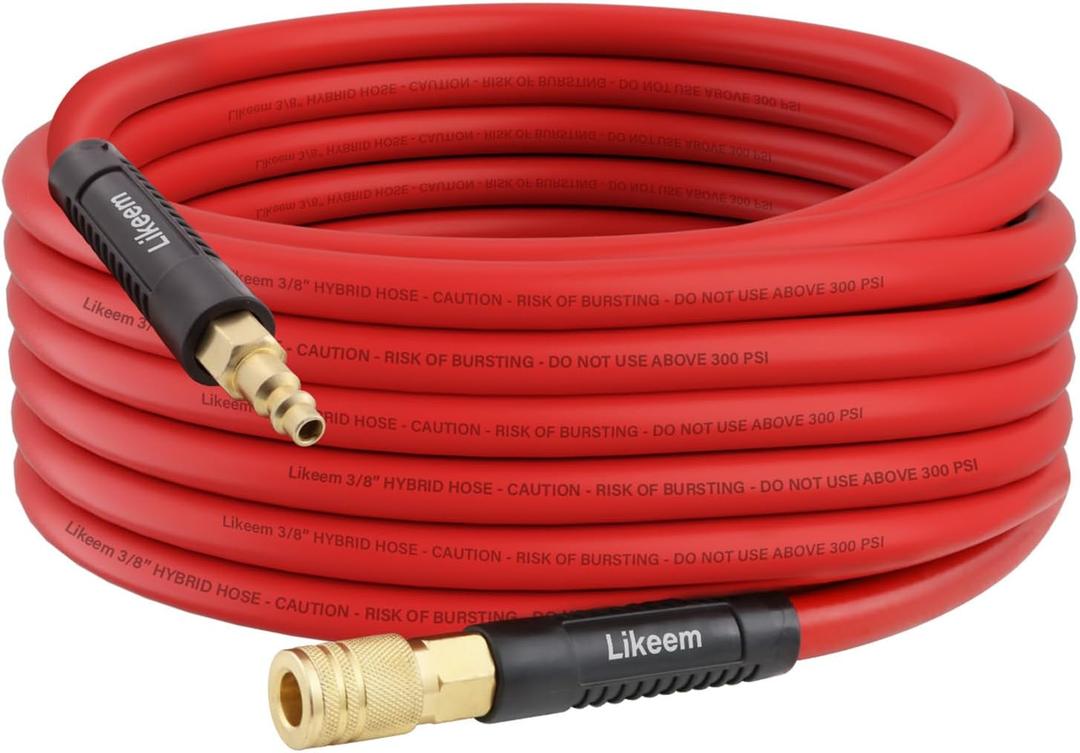 Hybrid Air Hose 3/8-Inch by 50 Feet Air compressor Hose, Heavy Duty, Lightweight, Kink Resistant, All-Weather Flexibility with 1/4-Inch Brass Male Fittings, Bend Restrictors, 300 PSI