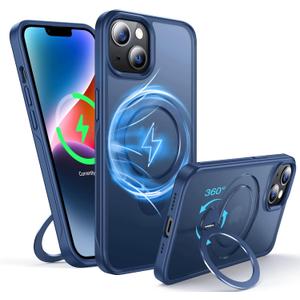 360Rotatable Magnetic Ring for iPhone 14 Plus Case/iPhone 15 Plus Case Compatible with MagSafe [Non-Slip Texture][Built-in Kickstand][Military Shockproof] Translucent Matte Silicone Slim, Blue