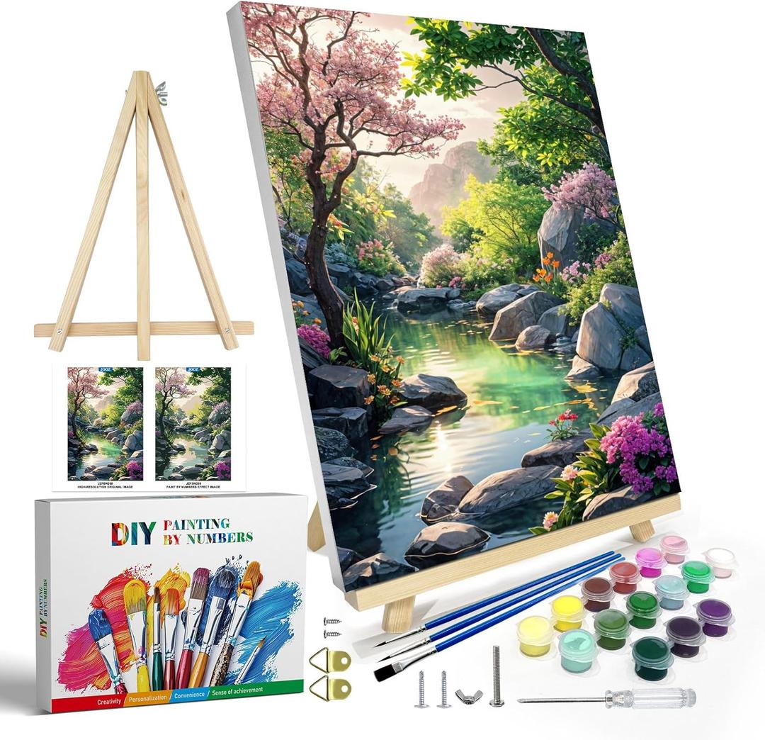 JOOZ Paint by Numbers Kit for Adults with Frame, Landscape Paint by Number Canvas, Mountain Paint by Numbers with Easel, DIY Flowers Scenery Oil Painting Kit for Home Wall Decor 8 x 12 Inch