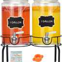 1 Gallon Beverage Dispenser 2 Pack, Stainless Steel Spigot Drink Dispenser for Parties with Stand, Clear Glass Drink Container Easy to Refill and Clean