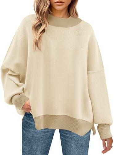 ZESICA Women's Fall 2025 Oversized Sweaters Long Sleeve Color Block Mock Neck Side Slit Comfy Loose Knitted Pullover Tops Size S