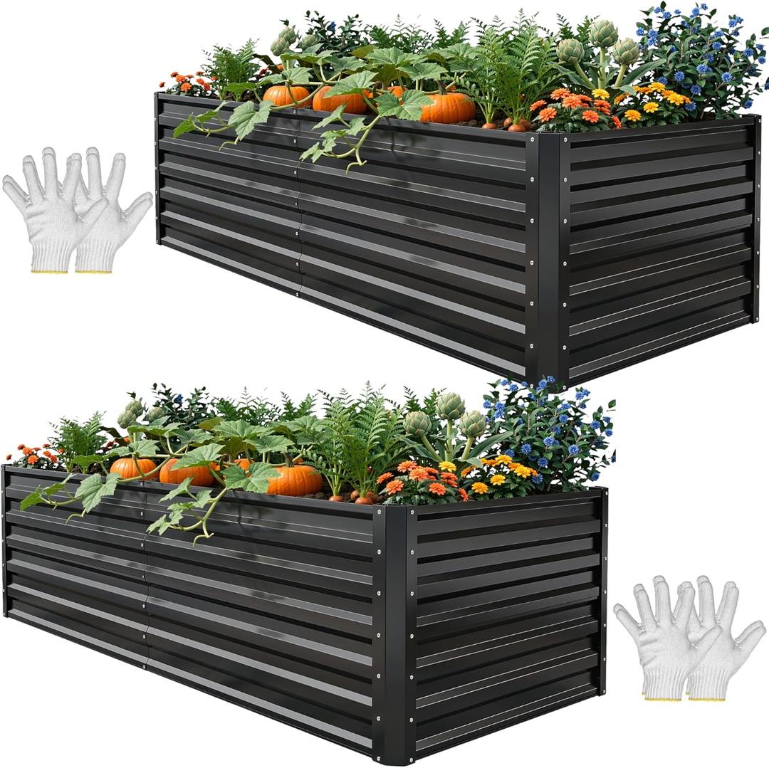 YITAHOME 6x3x2ft 2pcs Large Raised Garden Bed Kit, Galvanized Metal Planter Box with Gloves, Ground Nails, Support Rod, Outdoor Above Ground Planters for Plants Vegetables Flowers, Black