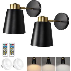 Battery Operated Wall Sconces Set of 2, Dimmable LED Wall Lights with Remote Control, 3000K/4000K/6000K Adjustable Black Wall Mounted Lamp for Bedroom Living Room Hallway, Bulb Included light fixture 18x18x16