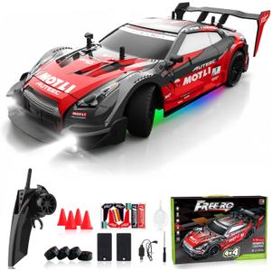 Remote Control Car RC Drift Car 1:16 Scale 4WD RC Vehicle with LED Lights 2.4GHz 30km/h RTR High Speed Racing Sport Toy for Adults Boys Girls Kids Gift 2Pcs Rechargeable Battery (Red)