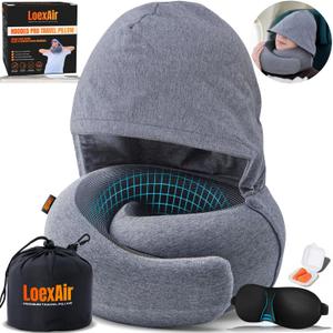 LOEXAIR Hooded Pro Travel Pillow - Memory Foam Neck Support Pillow for Airplane, Flight - Super-Soft Pure Cotton Fabric, Maximum Privacy & Light-Block Design, Lightweight Full Travel Kit - Light Grey