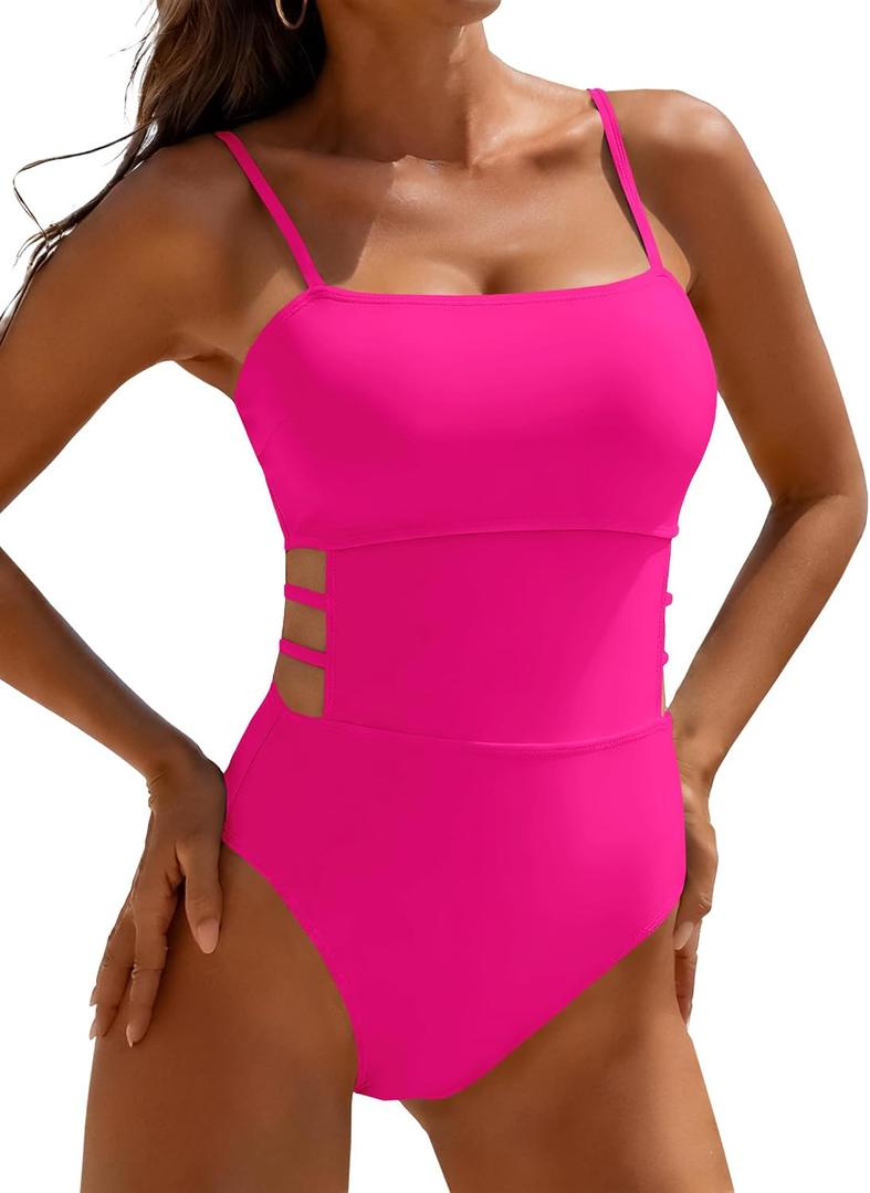 Women Cut Out One Piece Swimsuit Slimming Sexy Tummy Control Bathing Suit Swimwear (Pink, XL)