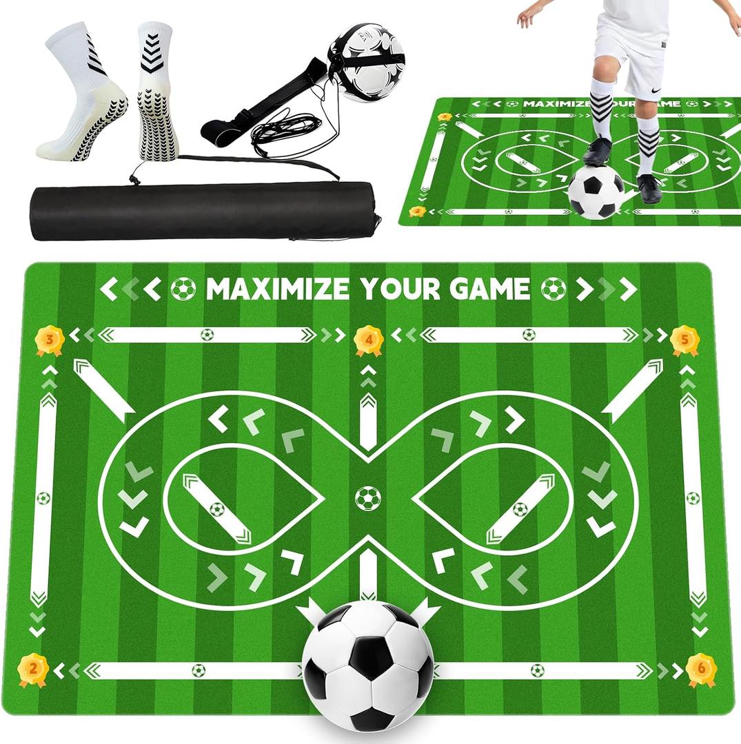 Soccer Training Mat, non-slip footwork training mat for improving ball control and footwork training. 35.5*23.5″, suitable for all ages. Comes with a storage bag, training socks, and Soccer Return Trainer Net.