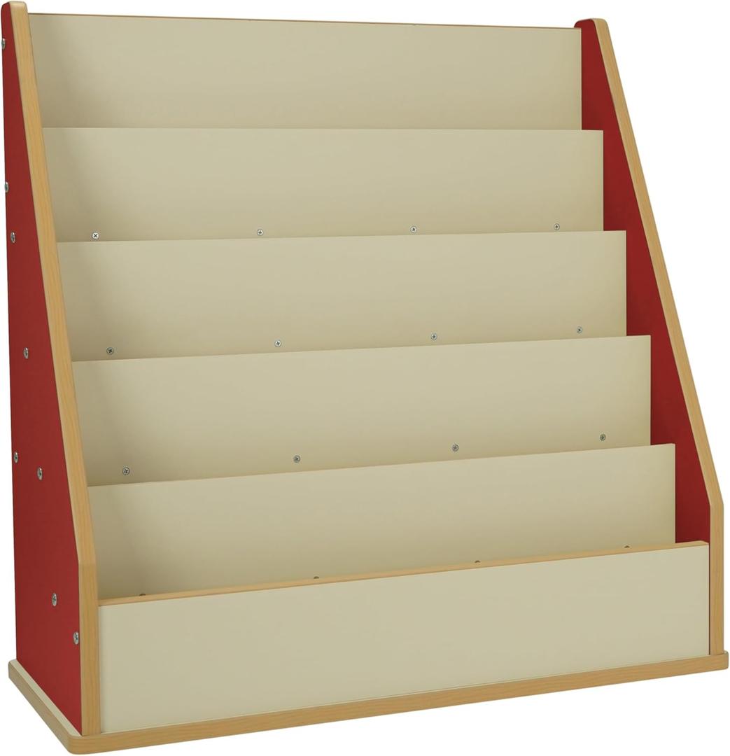 Factory Direct Partners Laminate Book Display Stand, 5-Shelf Storage for Kid Books and Magazines, Children's Furniture for Bedroom, Playroom, Daycare, Preschool or Classroom -Almond/Red, 13884-ALRD