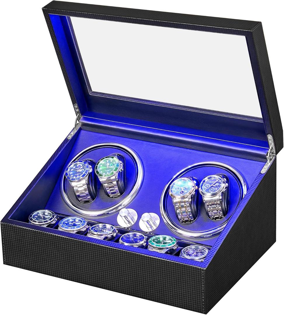 ANWBROAD Watch Winder for Automatic Watches 4 Watch Rotator and 6 Extra Storages with Super Quiet Mabuchi Motor and LED Backlight Turner Carbon Fiber Shaker 5 Rotating Modes USB UJWW002F