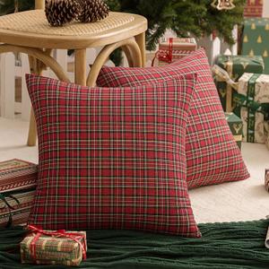 AQOTHES Pack of 2 Christmas Plaid Decorative Throw Pillow Covers Scottish Tartan Cushion Case for Farmhouse Home Holiday Decor Red and Green, 20 x 20 Inches