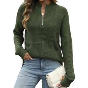 VIMPUNEC Womens 2025 Fall Quarter Zip Pullover Sweater Waffle Knit Mock Neck Tops Long Sleeve Casual Outfits (Green, L)