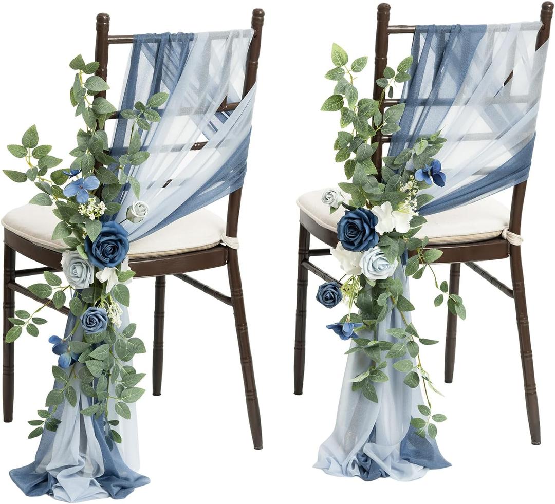 Ling's moment 8pcs Wedding Chair Decorations Aisle Pew Church Artificial Flowers Greenery Swags Dusty Blue & Navy Bench Ceremony Reception Floral Faux Backdrop Rose Arrangements Party Outdoor