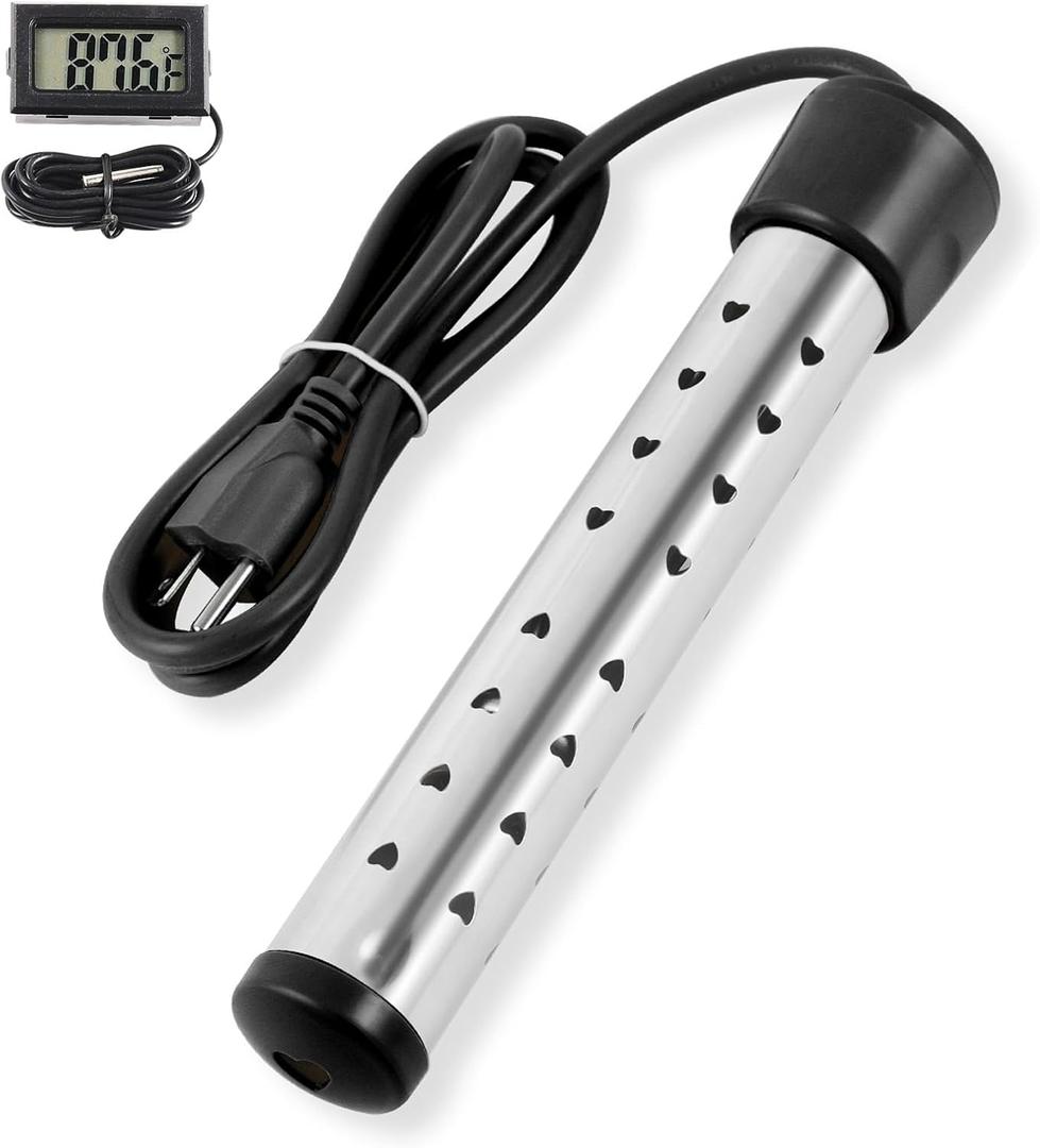Immersion Water Heater for Bathtub, Anti-scalding Portable Water Heater with Stainless Steel Cover, LCD Thermometer Quick Heating Immersion Heater for Indoor & Outdoor (1 Pcs, Black)