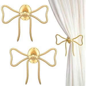 Kathfly 2 Pcs Bow Curtain Holdbacks Gold Metal Curtain Tiebacks Wall Mounted Bow Wall Hooks Pull Back Hooks Decoration for Office Bedroom Living Room Home Decorative