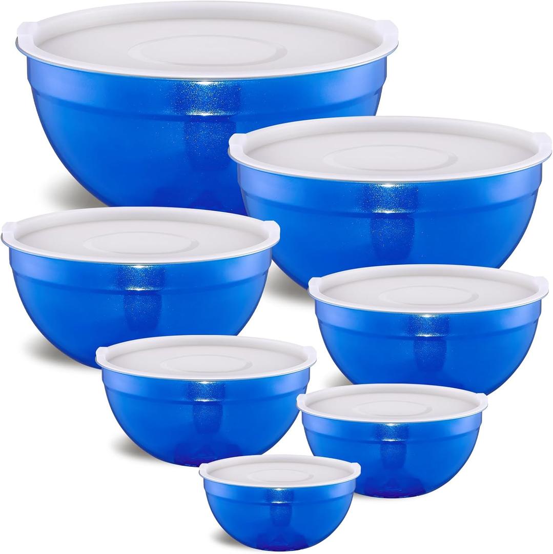 Moxinox Blue Mixing Bowls with Airtight Lids, Stainless Steel Nesting Mixing Bowls Set of 7, Ideal for Baking, Prepping and Serving Food, Size 7, 3.6, 2.7, 2.1, 1.5, 1.1,0.8 QT, Stackable Design