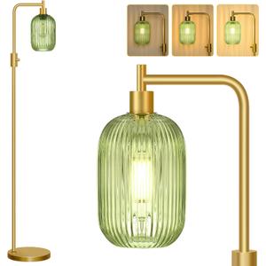 Upgraded Dimmable Glass Floor Lamp for Living Room, Modern Gold Standing Lamp with Green Ribbed Glass Lampshade & Knob Dimmer, Arc Tall Lamp for Bedroom Office Reading Room, 2700K Led Bulb Included