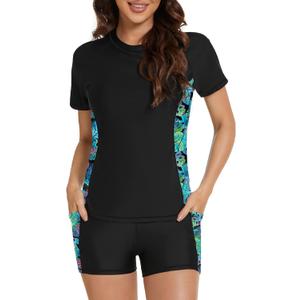 Tournesol Women's Rash Guard 2 Piece Short Sleeve Swim Shirt with Shorts Swimsuit with Bra Bathing Suit Plus Size with Pocket XL Tournesol Women's Rash Guard 2 Piece Short Sleeve Swim Shirt with Shorts Swimsuit with Bra Bathing Suit Plus Size with Pocket XL