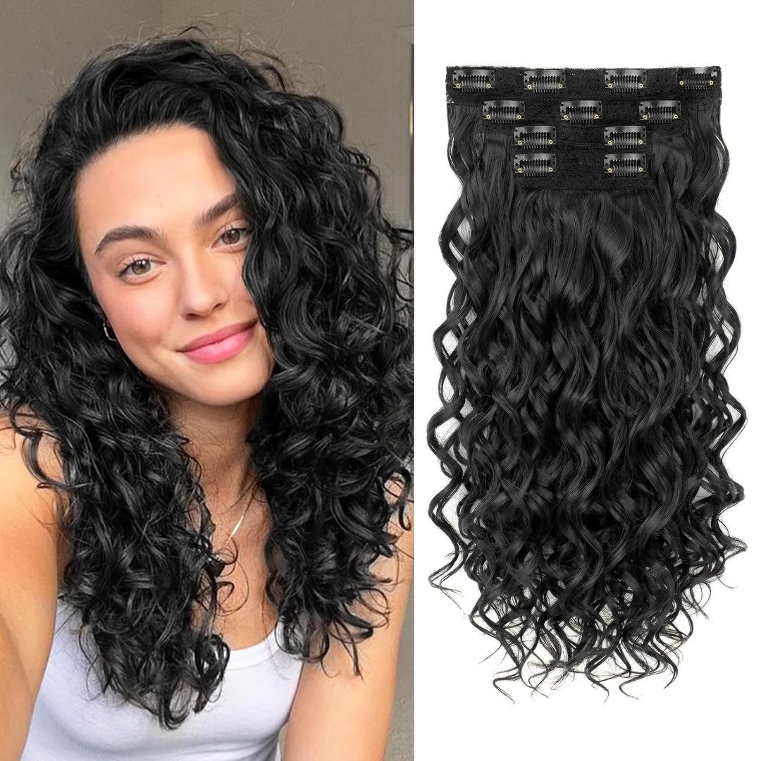 Curly Clip In Hair Extensions, 4PCS 16 Inch Natural Black Extensions Clip Ins, Lace Weft Short Curly Invisible Natural Hairpieces for Women