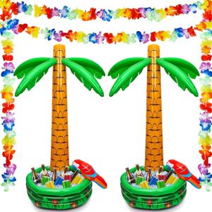 Deekin 4 Pcs Inflatable Palm Tree Cooler Blow up Palm Trees Jumbo Inflatable Hawaiian Luau Party Decorations Include 2 Sets 68 Inch Floating Cooler and Hawaiian Flowers Garland for Beach Pool Party