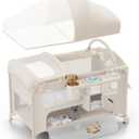 4 in 1 Baby Bassinet, Pack and Play, Bedside Crib Sleeper, Diaper Changer - Comes with Mattress, Mosquito Net, Bottom Storage and Toy Bar for Newborn to Toddles (Beige)