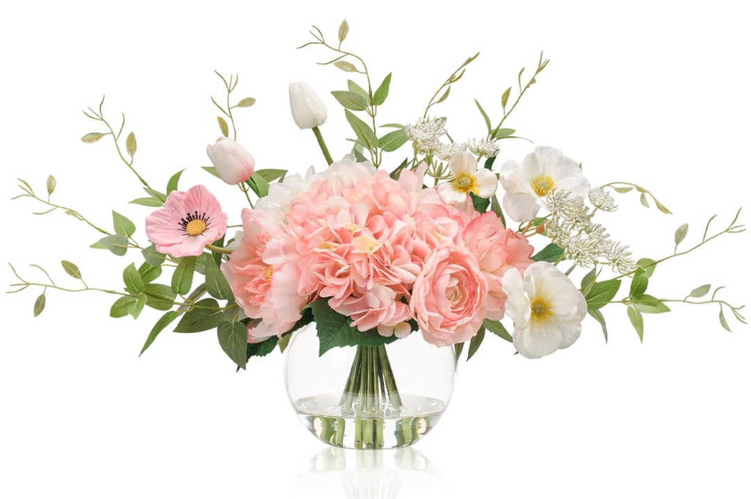 WELL KNOWN Artificial Flowers in Vase, Fake Silk Peony Tulip Hydrangea Pink & White Flower Bouquet Arrangement with Faux Water Centerpieces for Home Wedding Dining Table Party Decor & Gift for Women
