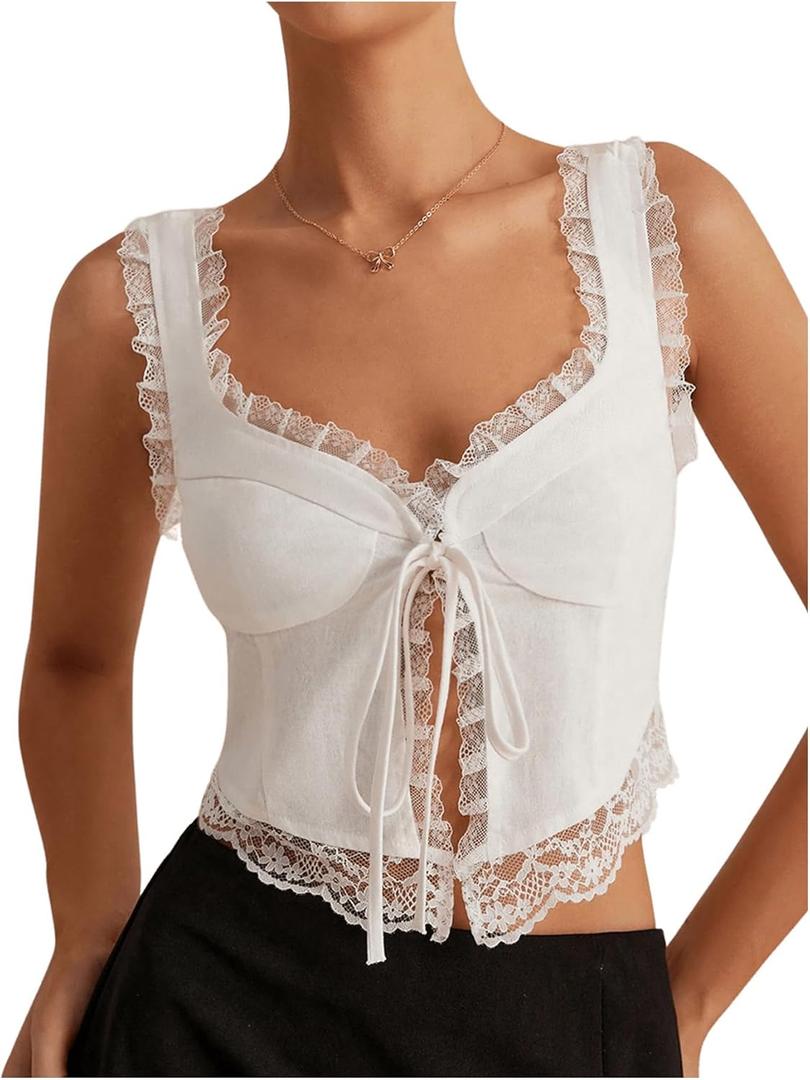 MakeMeChic Women's Floral Lace Camisole Tops Sleeveless Tie Front Wide Strap Crop Tank Top (Medium, White)