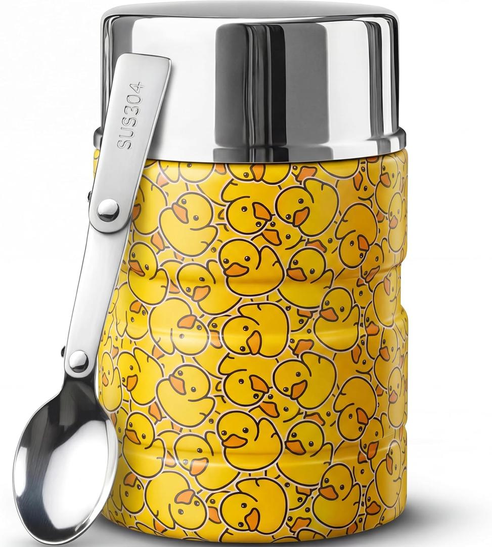 Earth&ME 17 OZ Soup Thermo for Hot & Cold Food for Kids, Vacuum Insulated Steel Lunch Container, Kids Wide Mouth Bento Thermal Food Jar, Warm Food Lunchbox Thermo Bowls with Spoon (Yellow Ducks)