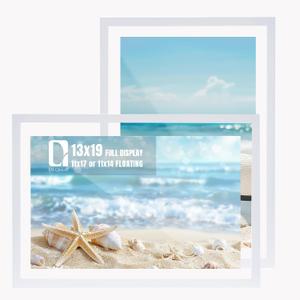 DLQuarts 13x19 Floating Picture Frame for 11x17/11x14 Photos, 2-Pack Solid Wood Double Plexiglass Wall Art Frames, Any Size Photo up to 13x19 Display, White