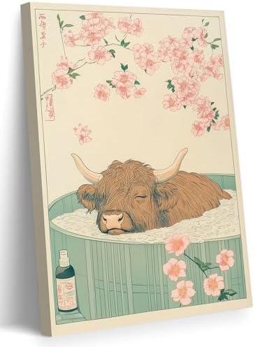 Japanese Bathroom Canvas Wall Art Funny Highland Cow in Bathtub Wall Decor Paintings Vintage Cute Cattle Humorous Animal Prints Aesthetic Pictures for Restroom Toilet Decoration 16x24 Inch Framed