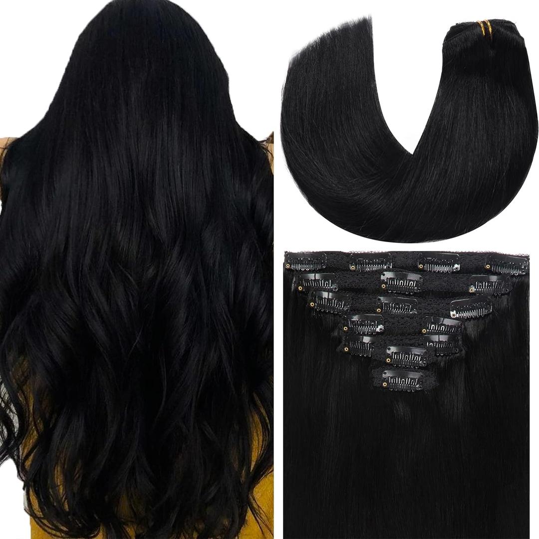 Loxxy Clip in Hair Extensions New Version Thickened Double Weft Brazilian Human Hair Thick Silky Straight Clip in Human Hair Extensions 22 Inch Jet Black #1 140g 7 pcs 16 Clips