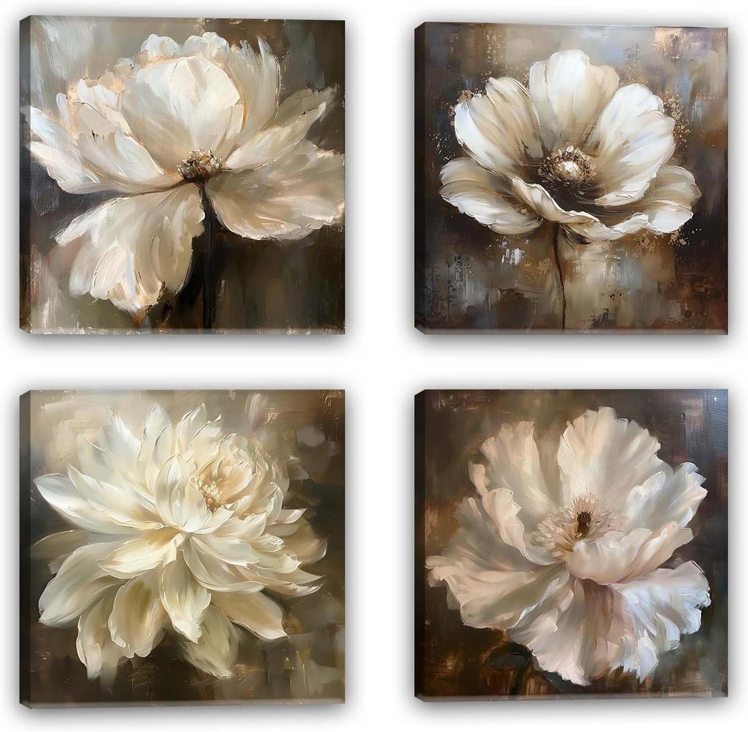 ChaudArt 4 Pieces Peony Flower Canvas Wall Art Peonies Floral Pictures Set Abstract White Blossom Paintings for Bedroom Living Room Home Office Decor