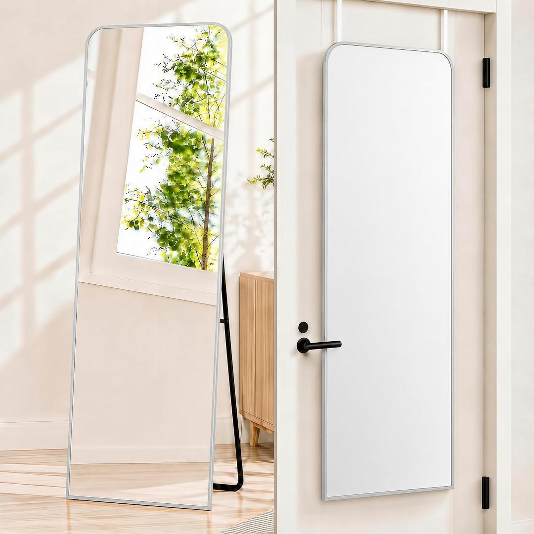 57x20" Full Length Mirror Floor Stand,Over the Door,Wall Mounted Silver | HD Crystal Clear Tempered Glass,Aluminum Frame,Full Body Dressing Make-Up Mirrors Rect Hang for Bedroom,Bathroom,Living Room
