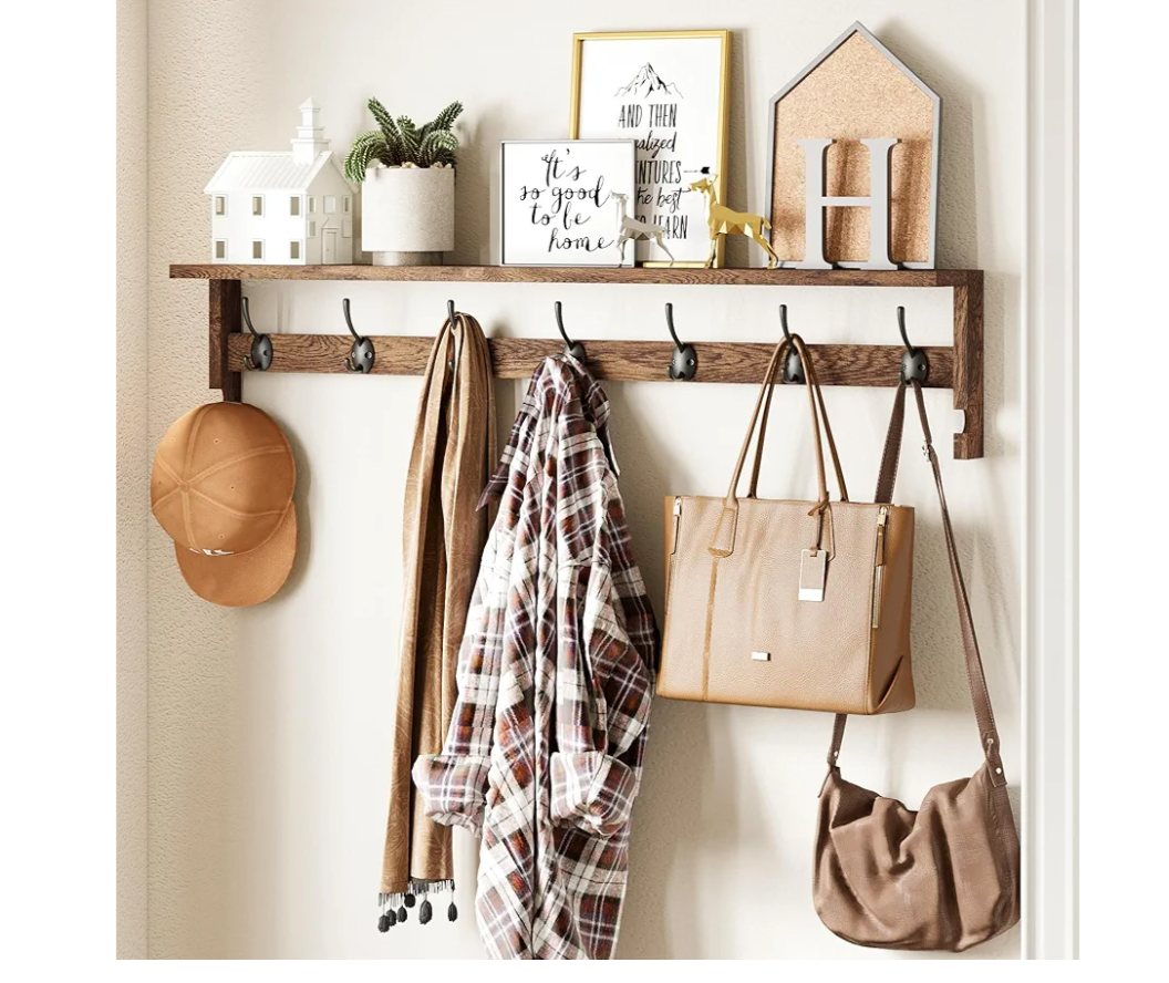 AMBIRD Coat Rack Wall Mount, 35 Inch Extra Long Wall Hooks with Hanging, Wooden Shelf with 7 Metal Hooks 2 Side Hooks, Wall Key Holder with Shelf in Entryway, Kitchen, Bathroom, Living Room, Bedroom