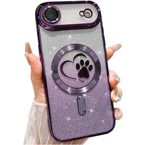for iPhone Air Case, Glitter Clear Cute Paw Love Heart, Compatible with MagSafe, Strong Magnetic Full Camera Lens Protection Cover, Soft Slim Bling Phone Case 6.5" - Purple