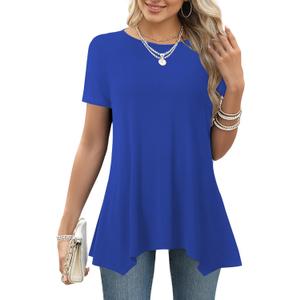 LYANER Women's Crewneck Short Sleeve Tunic Top Loose Flowy Irregular Hem Blouse (Medium, Royal Blue)