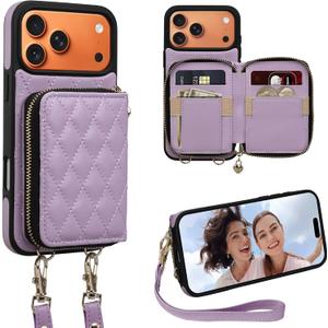 Keallce Case for iPhone 17 Pro Max 6.9'' Wallet Case, Crossbody Zipper Purse with Wrist Strap Lanyard Handbag, RFID Blocking Card Holders, Kickstand Flip Leather Cover for iPhone 17 Pro Max, Purple