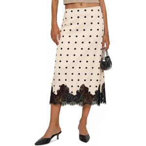 Cicy Bell Womens Silk Satin Midi Skirts Casual Dressy Lace Hem High Waisted A-Line Skirt Elegant Party Cocktail Outfit (M)