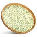 Tiangrid 16 inch Round Rattan Tray with Mother of Pearl Inlay Wicker Serving Tray with Wooden Base Boho Decorative Wicker Basket for Table Decor Bathroom Candle Perfume (Green Leaf)