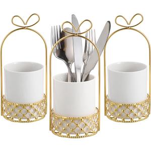 JUXYES Ceramic Silverware Holder For Tabletop, White Cutlery Holder With Golden Metal Bracket, Decorative Flatware Holder Countertop Utensil Holder Organizer for Wedding Kitchen Dining Tables (Pack of 3)