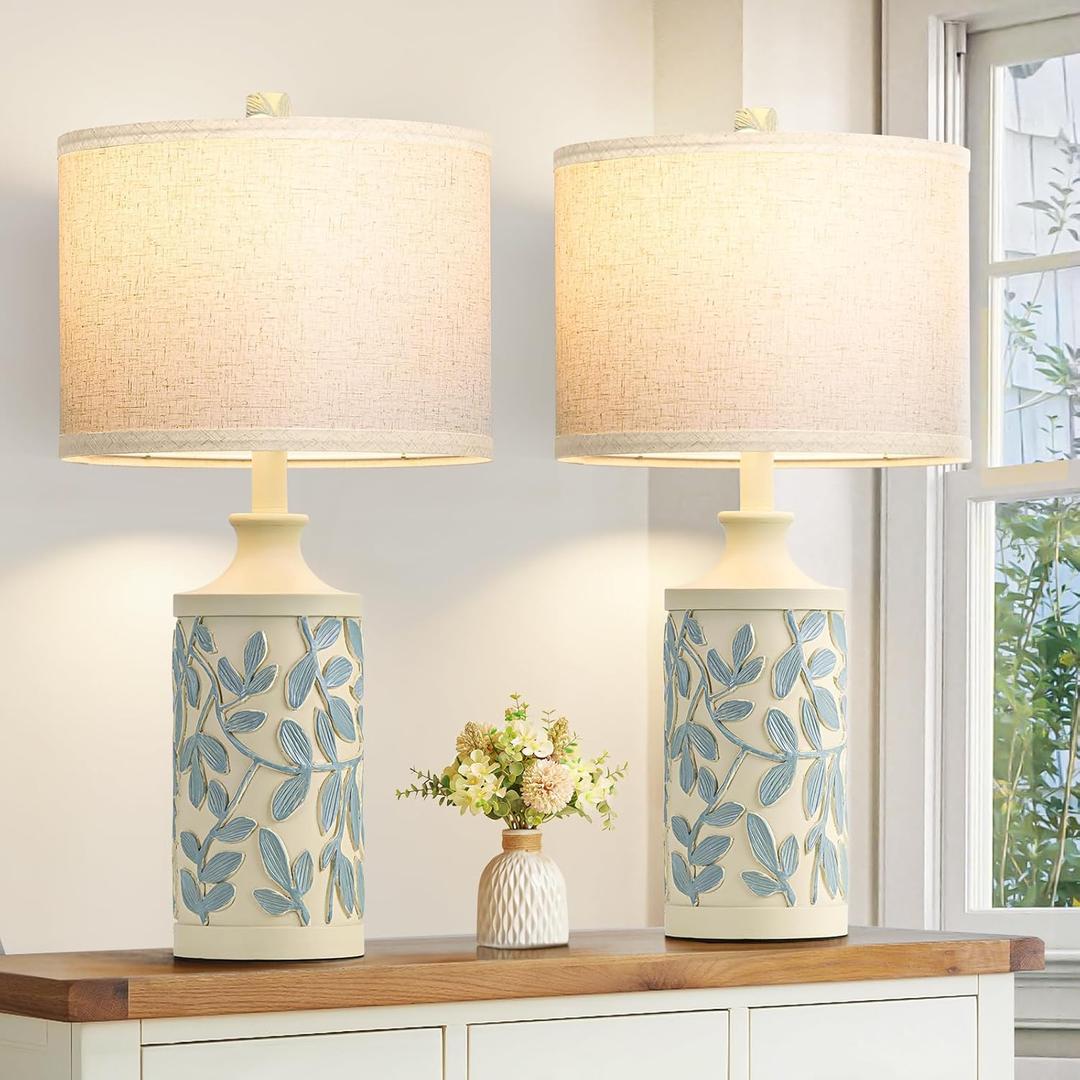 Farmhouse Table Lamps for Bedroom Set of 2, 24" Rustic Living Room End Table Lamps with Resin Body Leaf Pattern Oatmeal Shade, Vintage Bedside Nightstand Lamps with 3 Color Temperatures, Bulb Included