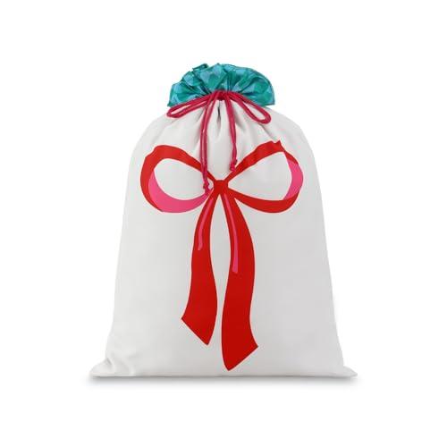 THOVSMOON Christmas Santa Sack with Drawstring, 19.7 X 27.5 Inch Canvas Santa Claus Gift Bag, Reusable Xmas New Year Presents Party Supplies Favors (Beige-Bow)